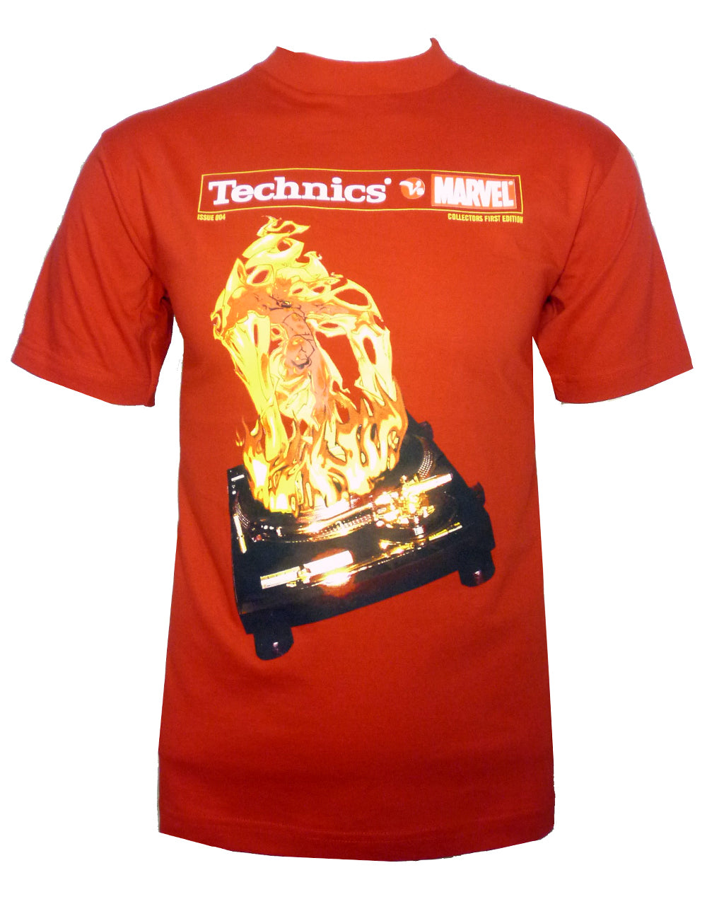 The Fantastic Four Marvel Technics Human Torch graphic on a red adult t-shirt.