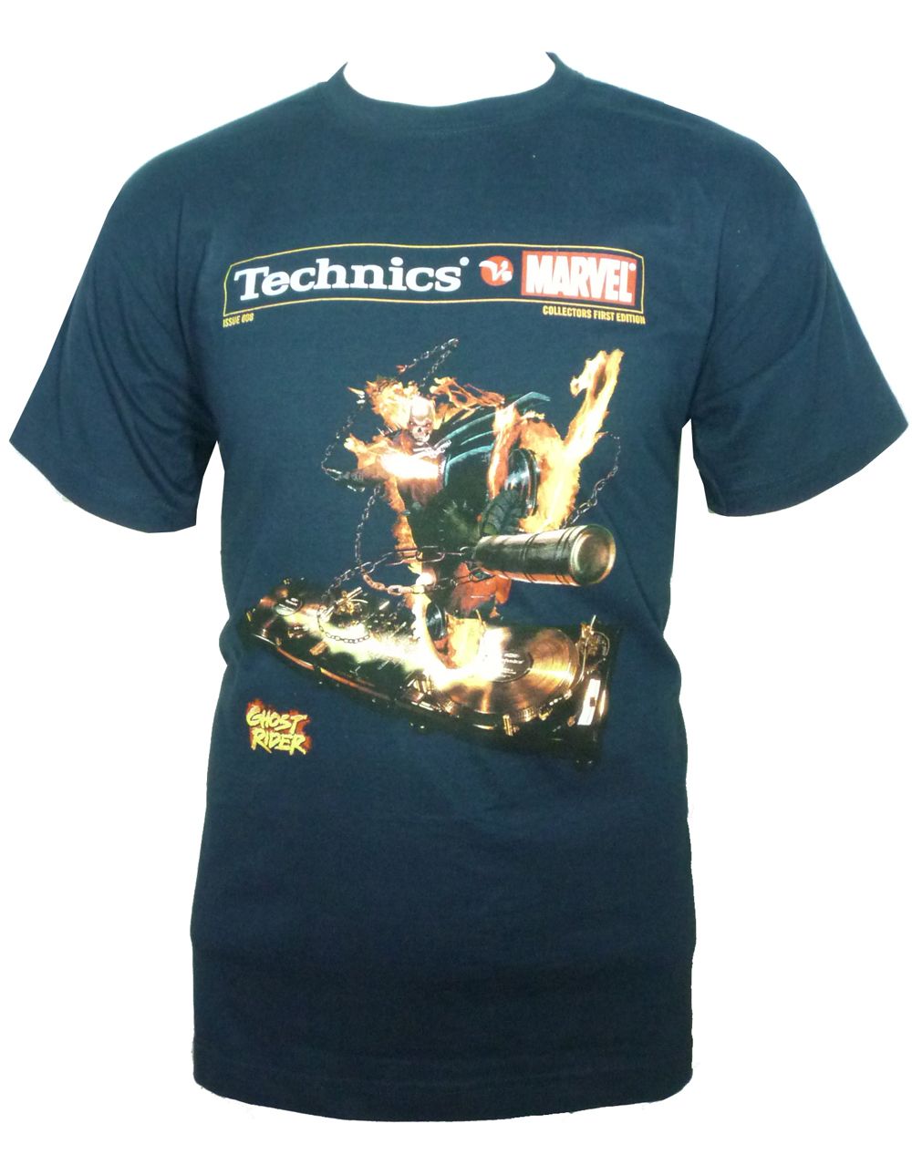 Ghost Rider Marvel Technics graphic on a navy blue adult t-shirt.