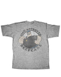 Popeye Bluto beefcake graphic on a heathered grey adult t-shirt.