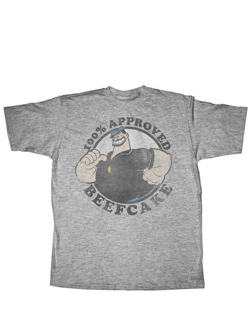 Popeye Bluto beefcake graphic on a heathered grey adult t-shirt.
