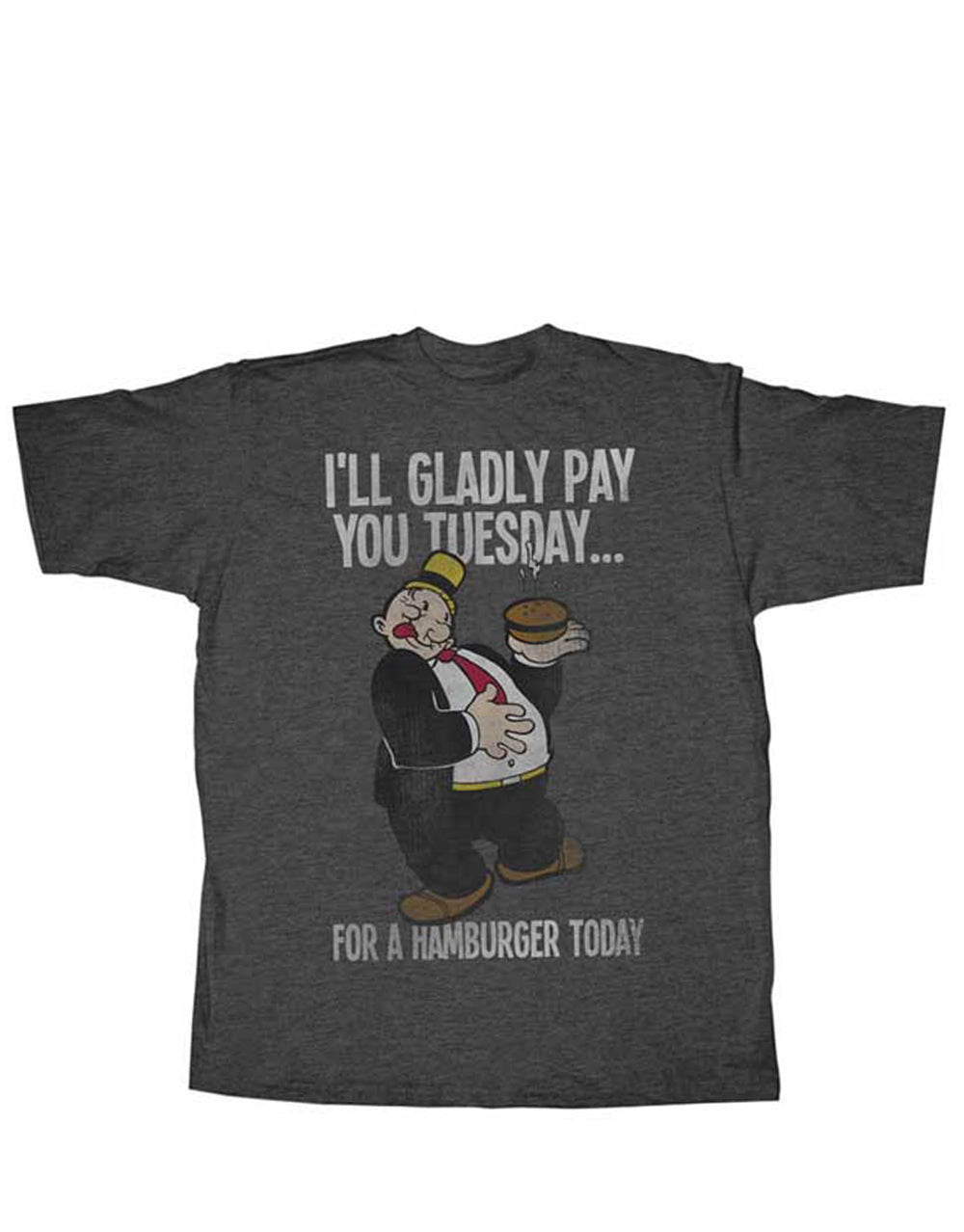 Popeye gladly pay graphic on a heathered dark grey adult t-shirt.