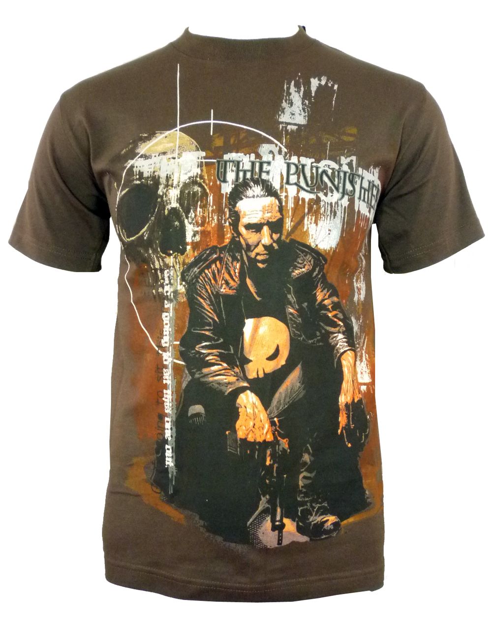 The Punisher squat pose graphic on a dark brown adult t-shirt.