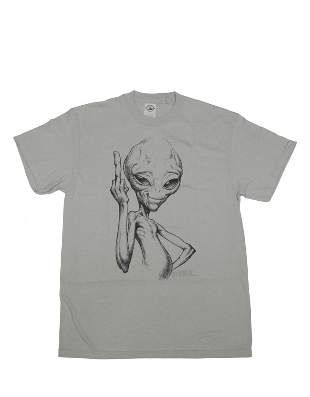 Paul alien flip off graphic on a grey adult t-shirt.