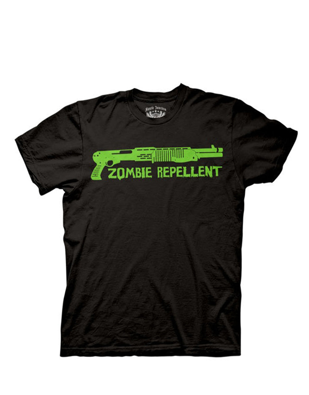 Zombie repellent graphic on a black adult t-shirt.