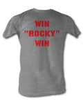 Rocky win rocky win graphic on a heathered grey adult t-shirt.
