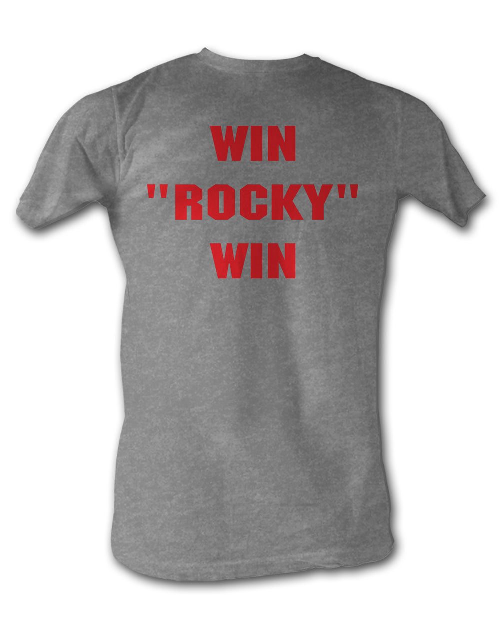 Rocky win rocky win graphic on a heathered grey adult t-shirt.