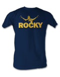 Rocky Balboa glory graphic on a navy blue adult t-shirt.
