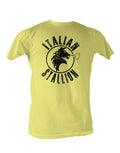 Rocky Italian stallion logo graphic on a yellow adult t-shirt.