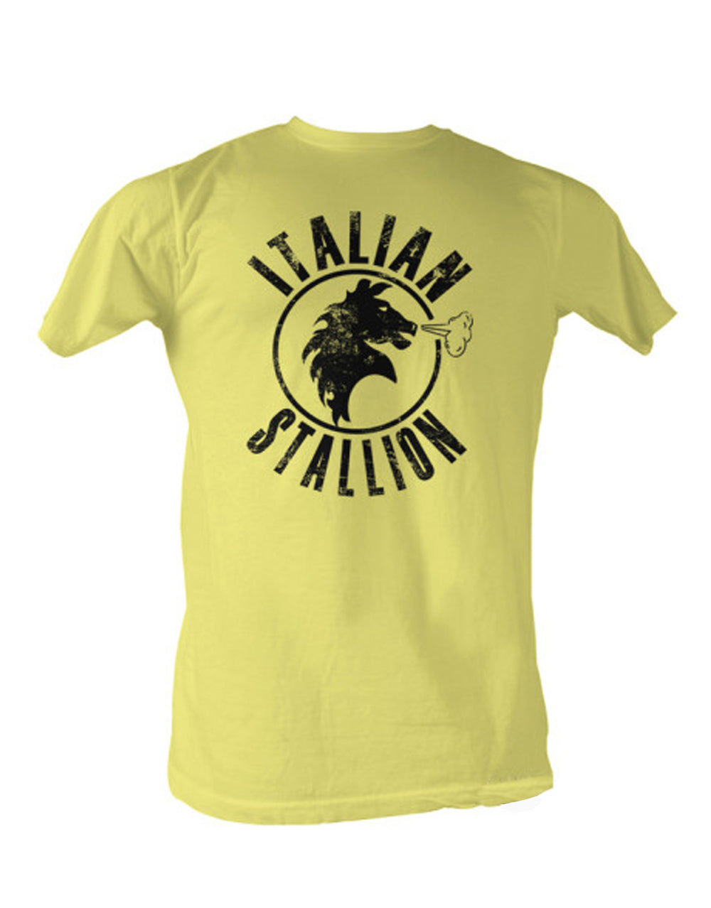 Rocky Italian stallion logo graphic on a yellow adult t-shirt.
