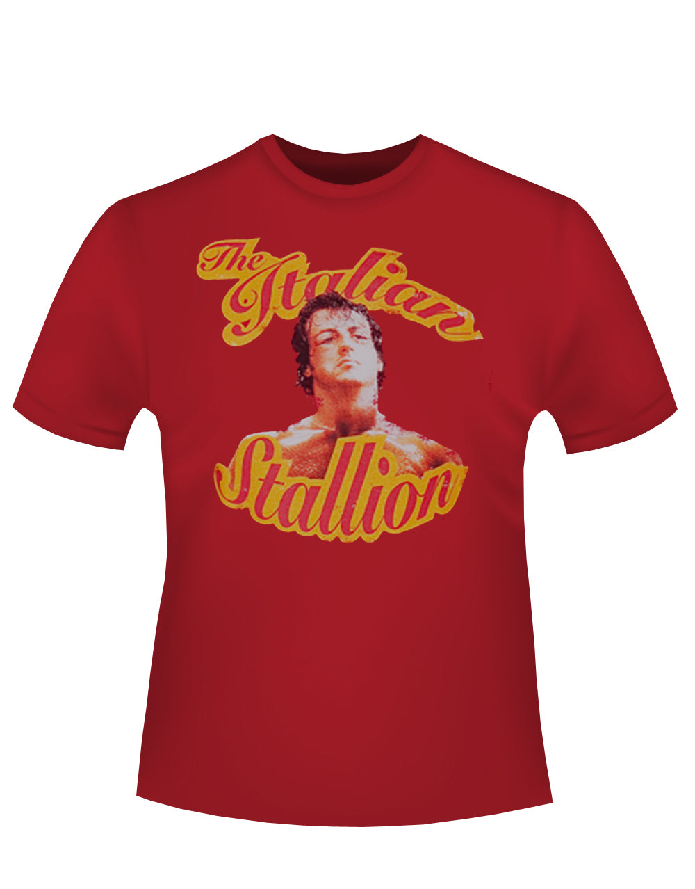 Rocky Italian stallion photo graphic on a red adult t-shirt.
