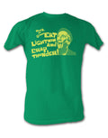 Rocky Mickey eat lightning crap thunder graphic on a green adult t-shirt.