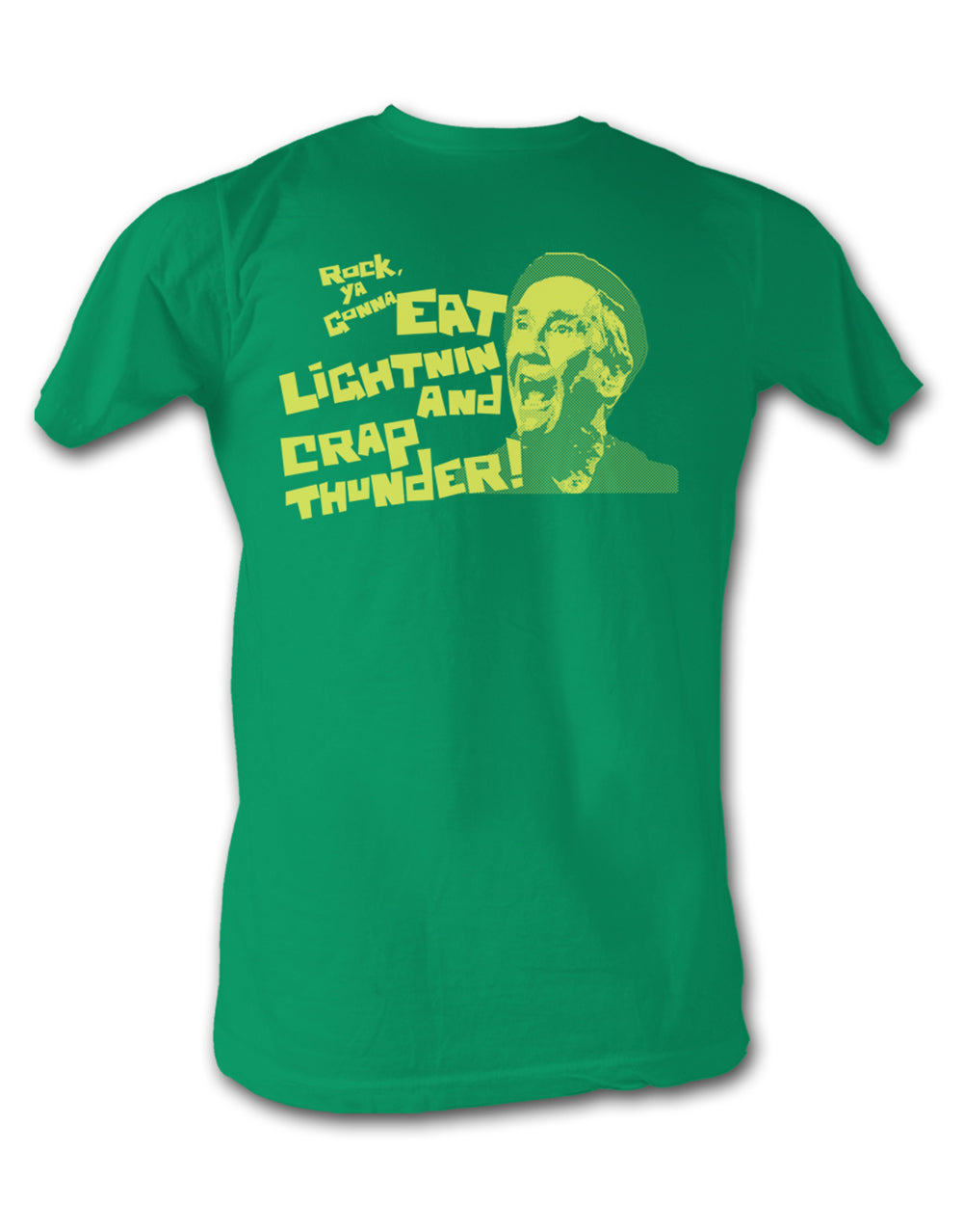 Rocky Mickey eat lightning crap thunder graphic on a green adult t-shirt.