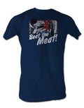 Rocky beat the meat graphic on a navy blue adult t-shirt.