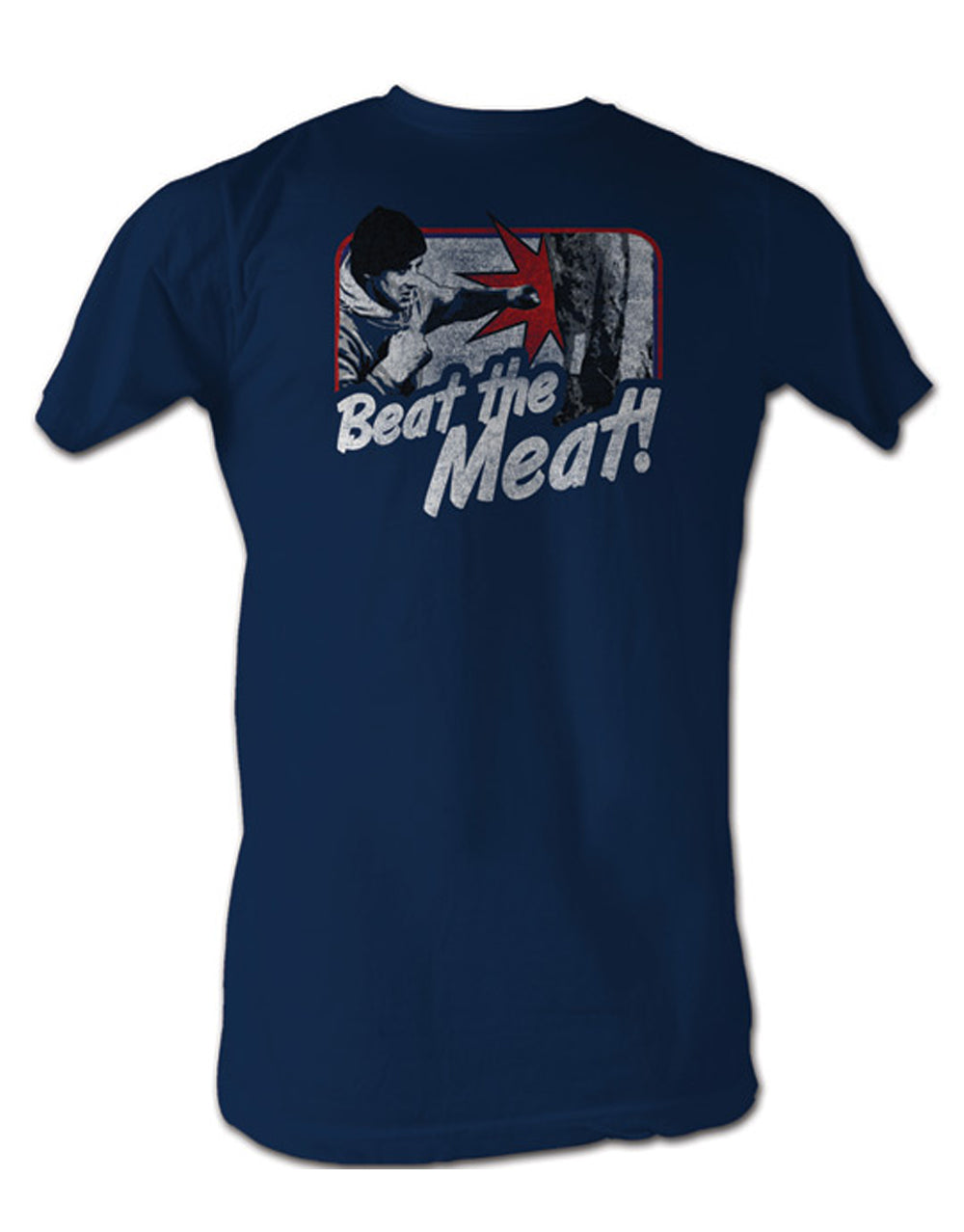 Rocky beat the meat graphic on a navy blue adult t-shirt.
