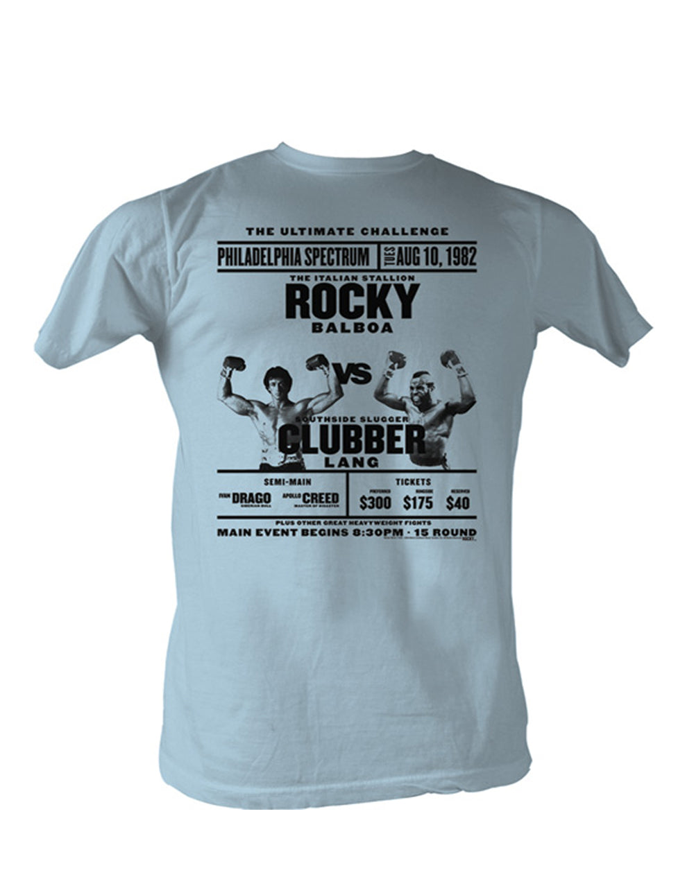 Rocky v Clubber challenge graphic on a sky blue adult t-shirt.