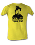 Rocky my mom hits harder than you graphic on a yellow adult t-shirt.