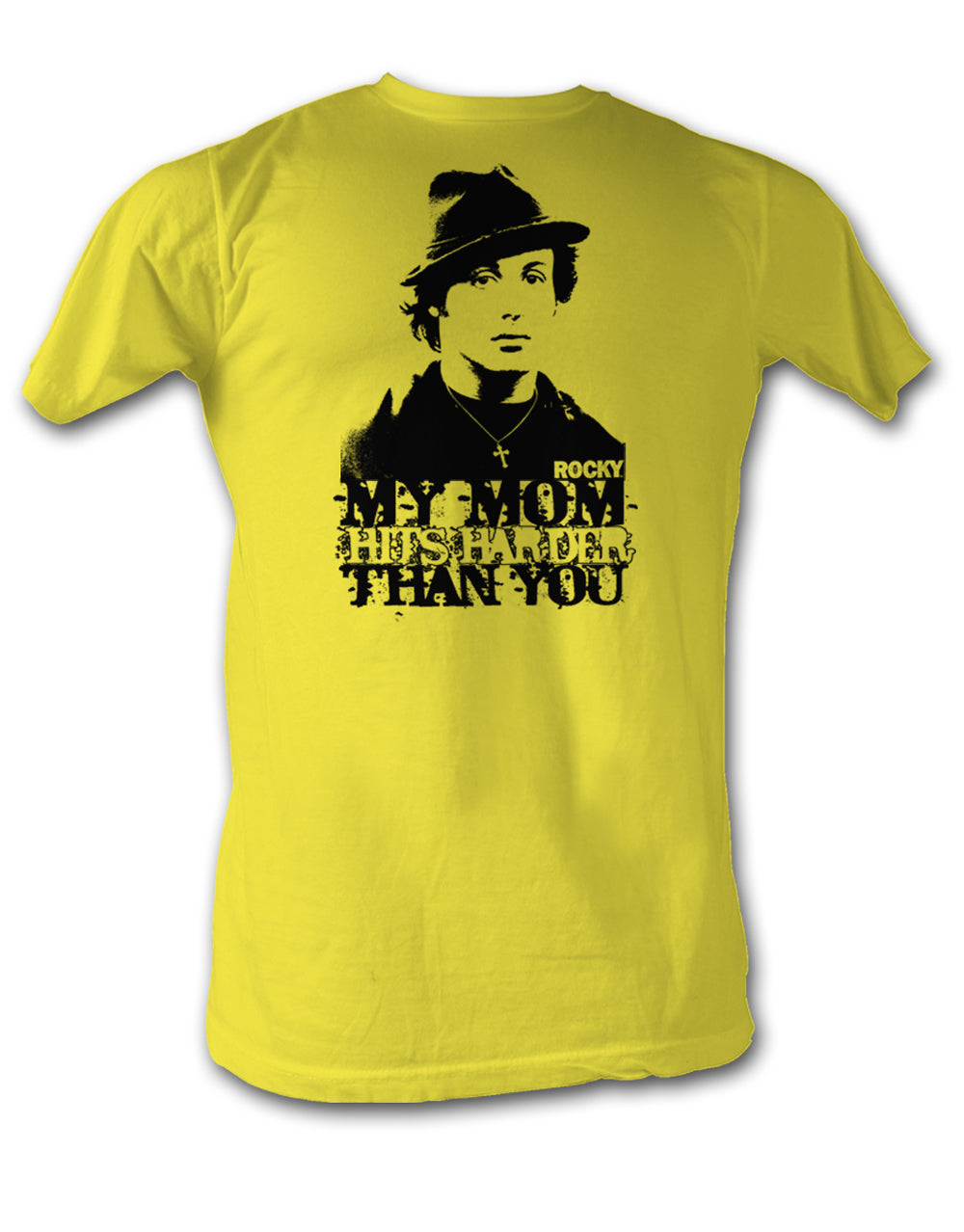 Rocky my mom hits harder than you graphic on a yellow adult t-shirt.