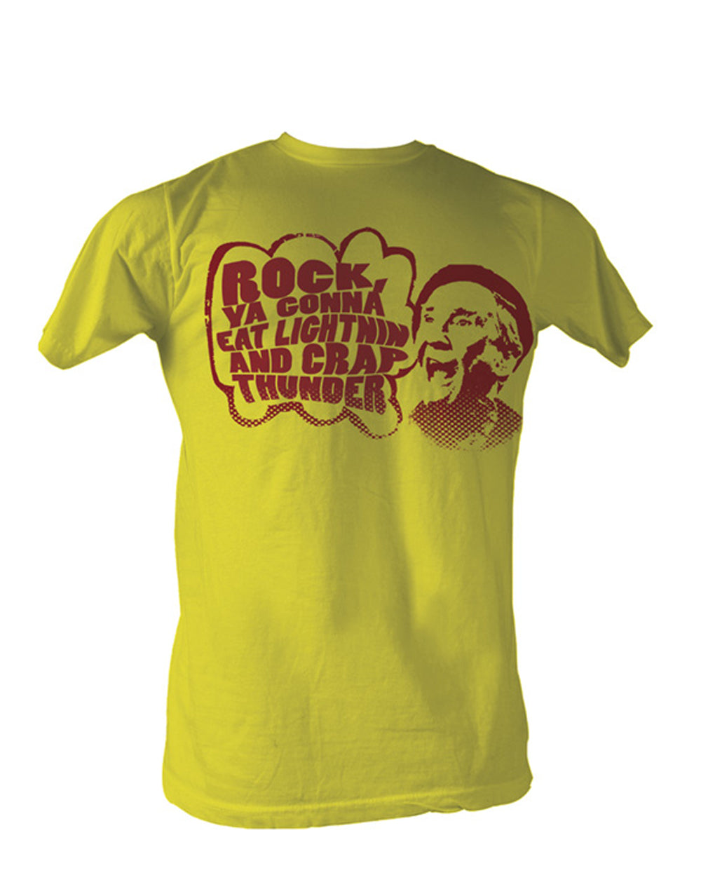 Rocky Mickey eat lightning graphic on a yellow adult t-shirt.