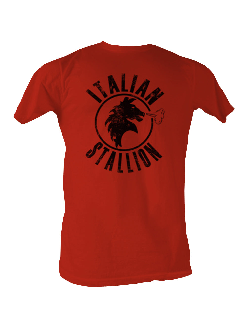 Rocky Italian stallion logo graphic on a red adult t-shirt.