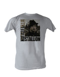 Rocky the city graphic on a light grey adult t-shirt.