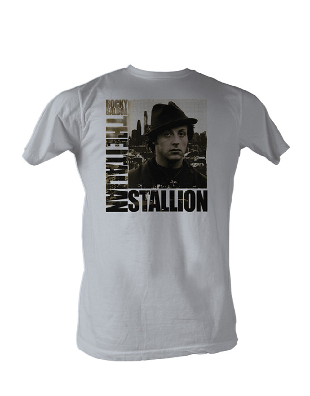 Rocky the city graphic on a light grey adult t-shirt.