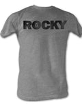 Rocky logo graphic on a grey adult t-shirt.