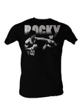 Rocky v Clubber Lang knockout graphic on a black adult t-shirt.