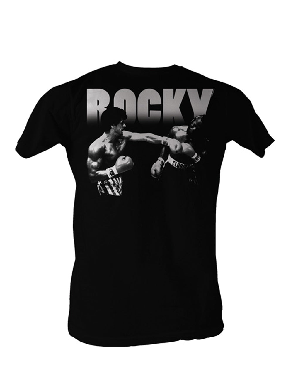 Rocky v Clubber Lang knockout graphic on a black adult t-shirt.