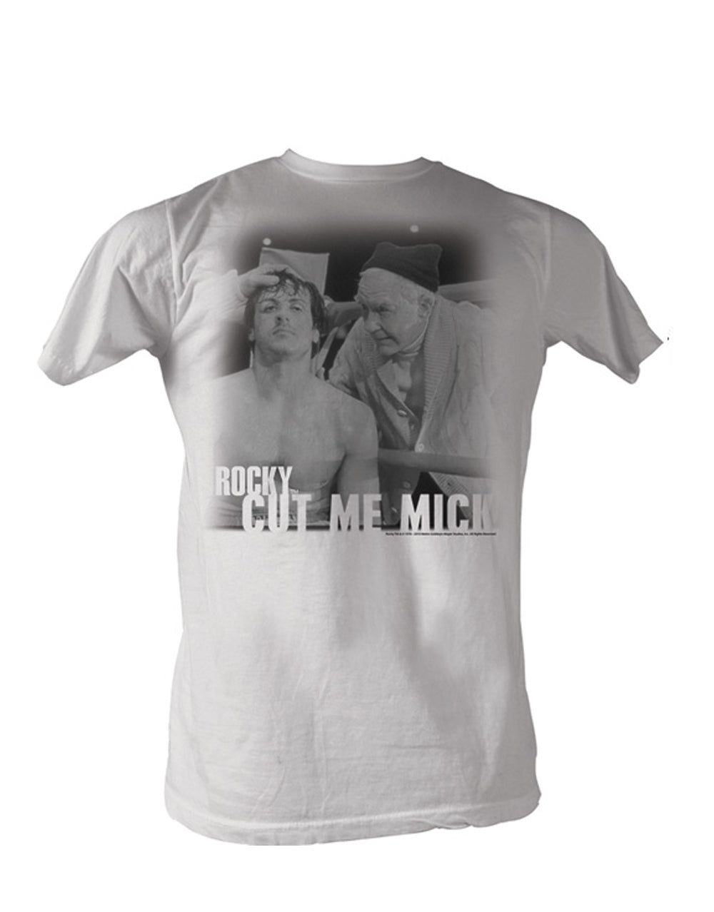 Rocky cut me Mick graphic on a white adult t-shirt.