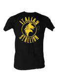 Rocky Italian stallion logo graphic on a black adult t-shirt.