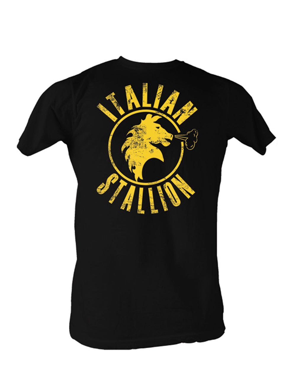 Rocky Italian stallion logo graphic on a black adult t-shirt.