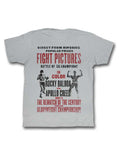 Rocky rematch graphic on a silver grey adult t-shirt.