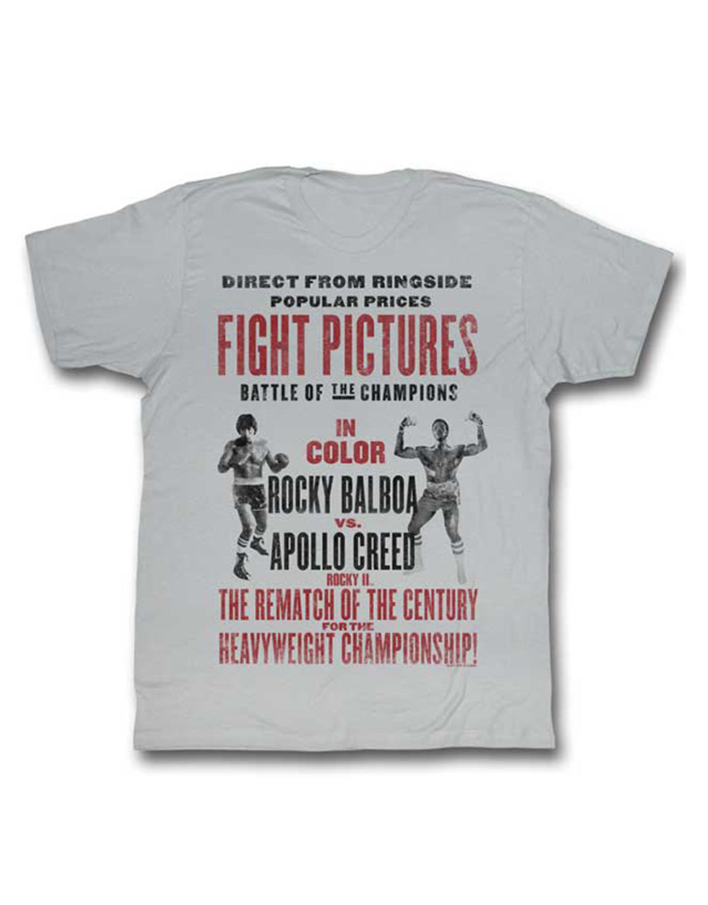 Rocky rematch graphic on a silver grey adult t-shirt.