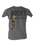 Rocky action stance graphic on a dark grey adult t-shirt.