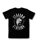 Rocky Italian stallion graphic on a chalk black adult t-shirt.