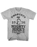Rocky 1976 mighty mick graphic on a heathered grey adult t-shirt.