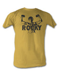 Rocky flexing graphic on a mustard adult t-shirt.