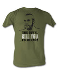 Rocky Clubber Lang this guy will kill you graphic on an olive green adult t-shirt.
