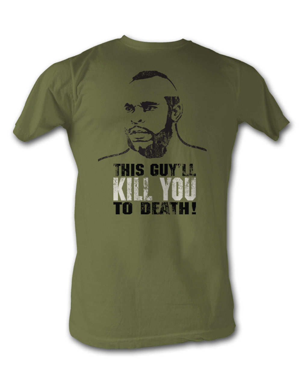 Rocky Clubber Lang this guy will kill you graphic on an olive green adult t-shirt.