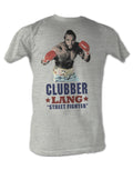 Rocky Clubber Lang street fighter graphic on a heathered light grey adult t-shirt.