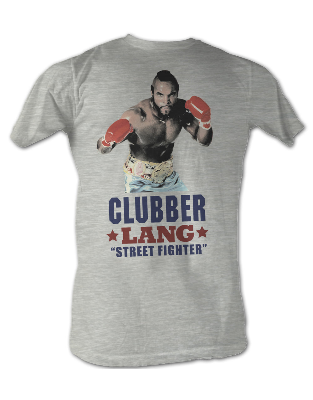 Rocky Clubber Lang street fighter graphic on a heathered light grey adult t-shirt.