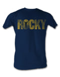 Rocky logo steps graphic on a navy blue adult t-shirt.
