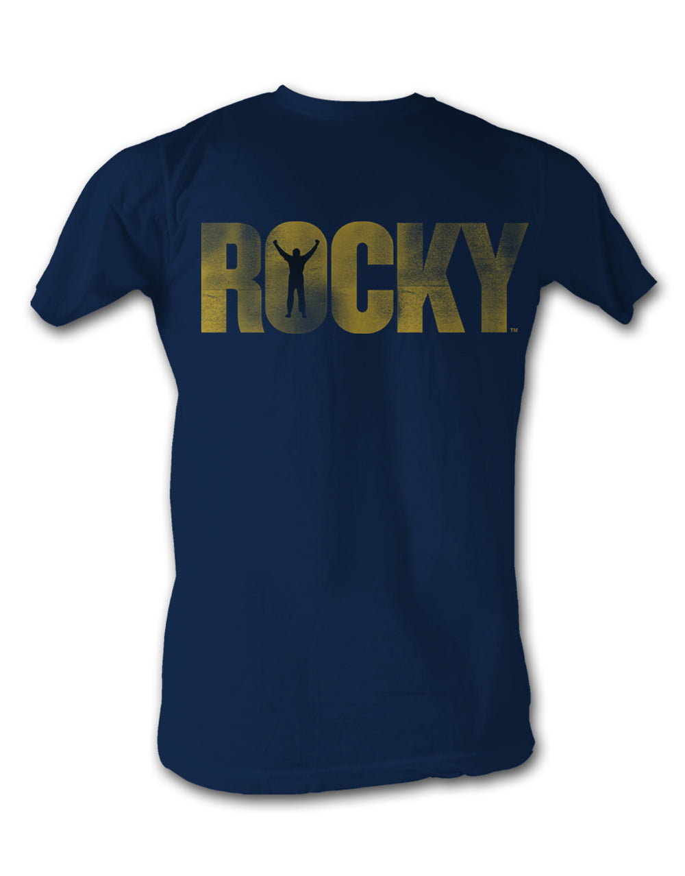 Rocky logo steps graphic on a navy blue adult t-shirt.