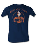 Rocky Mickey women weaken legs graphic on a navy blue adult t-shirt.