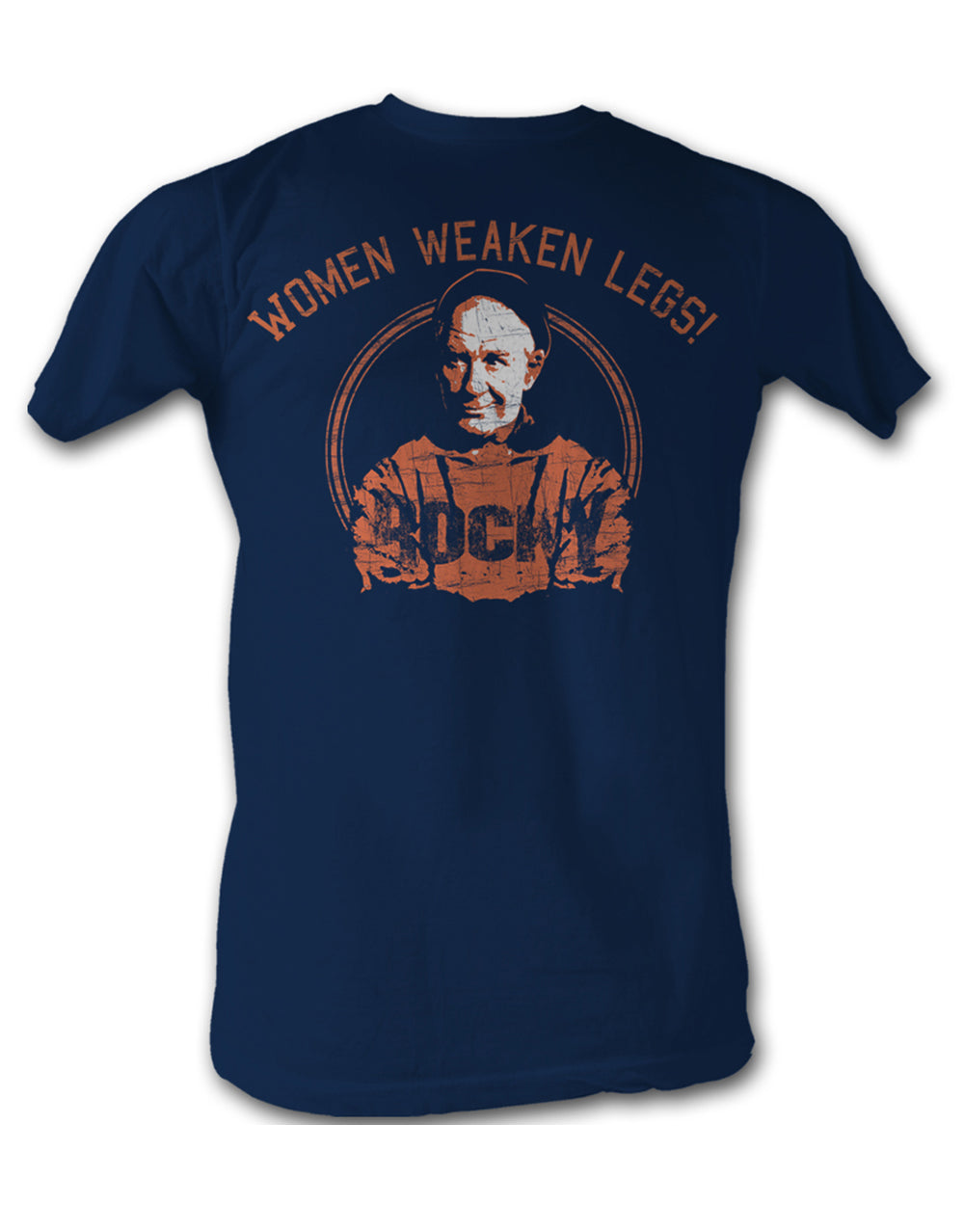 Rocky Mickey women weaken legs graphic on a navy blue adult t-shirt.