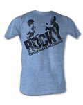 Rocky v Clubber graphic on a heathered light blue adult t-shirt.