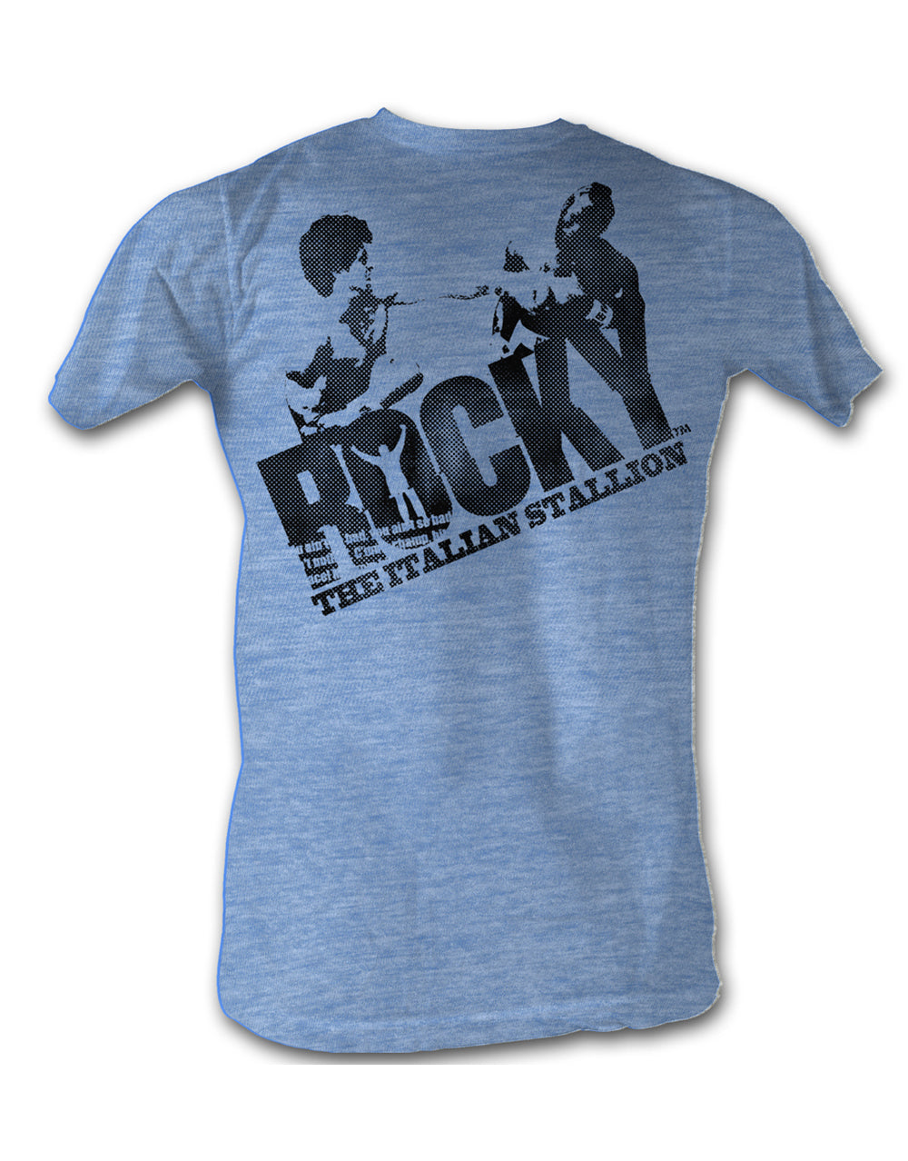 Rocky v Clubber graphic on a heathered light blue adult t-shirt.