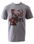 Rocky Drago if he dies he dies graphic on a heathered grey adult t-shirt.