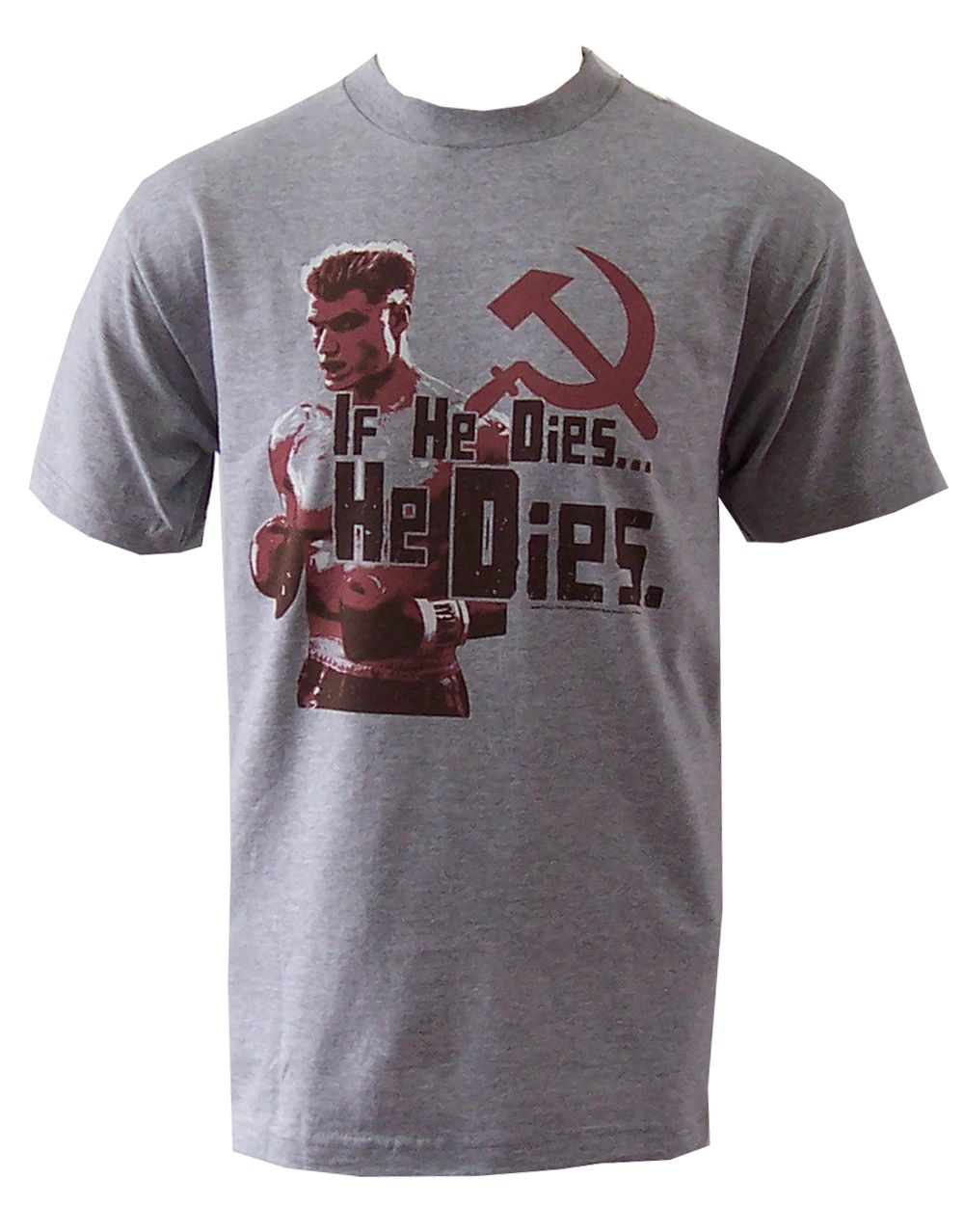 Rocky Drago if he dies he dies graphic on a heathered grey adult t-shirt.