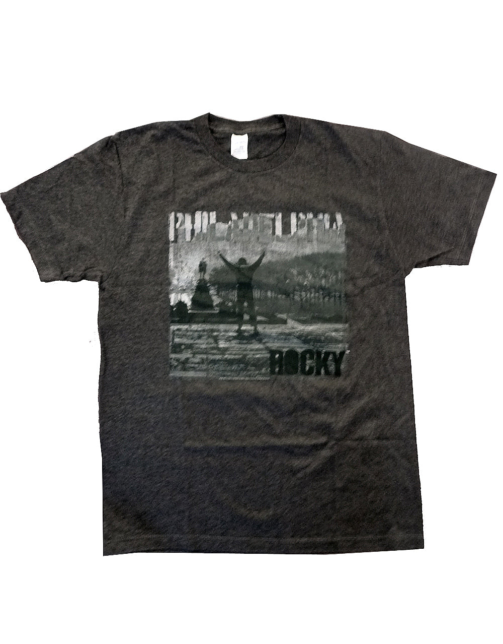 Rocky Philly graphic on a heathered dark grey adult t-shirt.